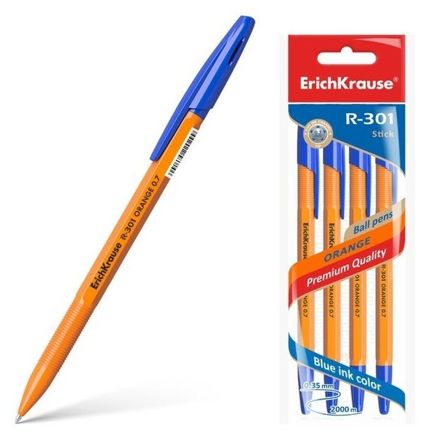Набор ручек шариковых 4 штуки ErichKrause R-301 orange, узел 0.7 мм, чернила синие, длина линии письма 2000 метров, европодвес