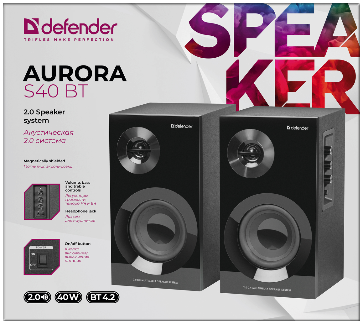 Колонки 2.0 Defender Aurora S40 BT 40Вт, Bluetooth, 220В (65240)