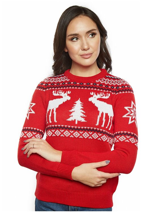 Шерстяной свитер, классический скандинавский орнамент с Оленями и снежинками, натуральная шерсть, красный цвет, размер M