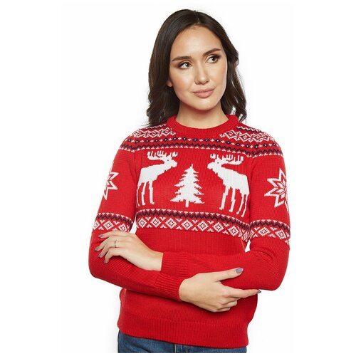 Шерстяной свитер, классический скандинавский орнамент с Оленями и снежинками, натуральная шерсть, красный цвет, размер M