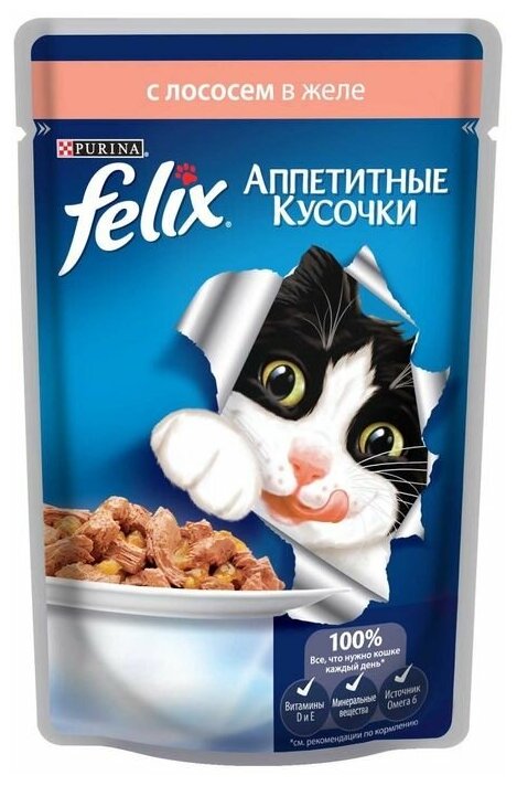 Влажный корм Felix Аппетитные кусочки для взрослых кошек, с лососем в желе 85 г - фотография № 9