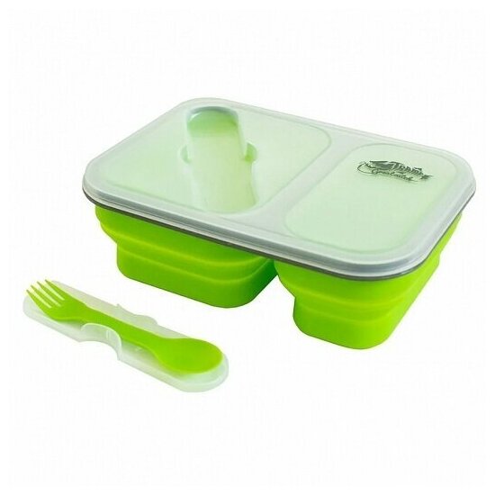 Контейнер силиконовый Tramp с двумя отделениями крышкой и ловилкой (оливковый 900 мл)