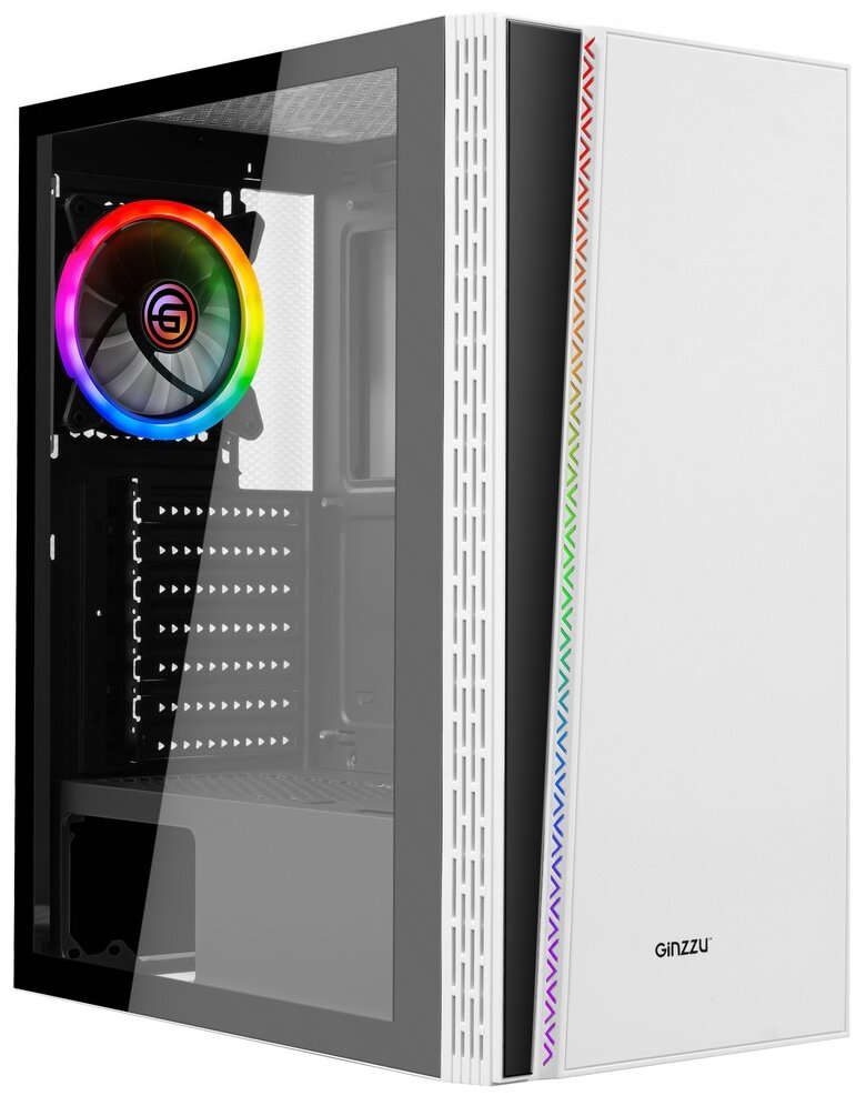 Корпус Ginzzu CL220 вентилятор 1*12LED, RGB лента, закаленное стекло на петлях с магнитным замком, белый - фотография № 1