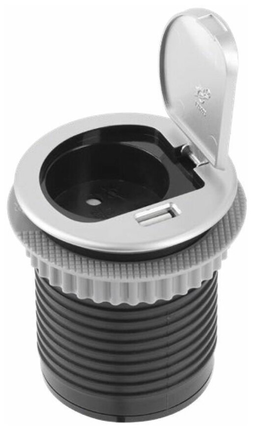 Удлинитель круглый врезной 1 розетка CHARGER MINI (Schuko), 60 мм, 1xUSB 2,4A, провод 1,9м, алюминий GTV - фото №1