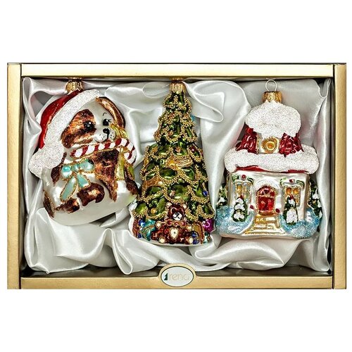 фото Набор елочных игрушек irena co собака-санта, ёлка, домик 6370, многоцветный