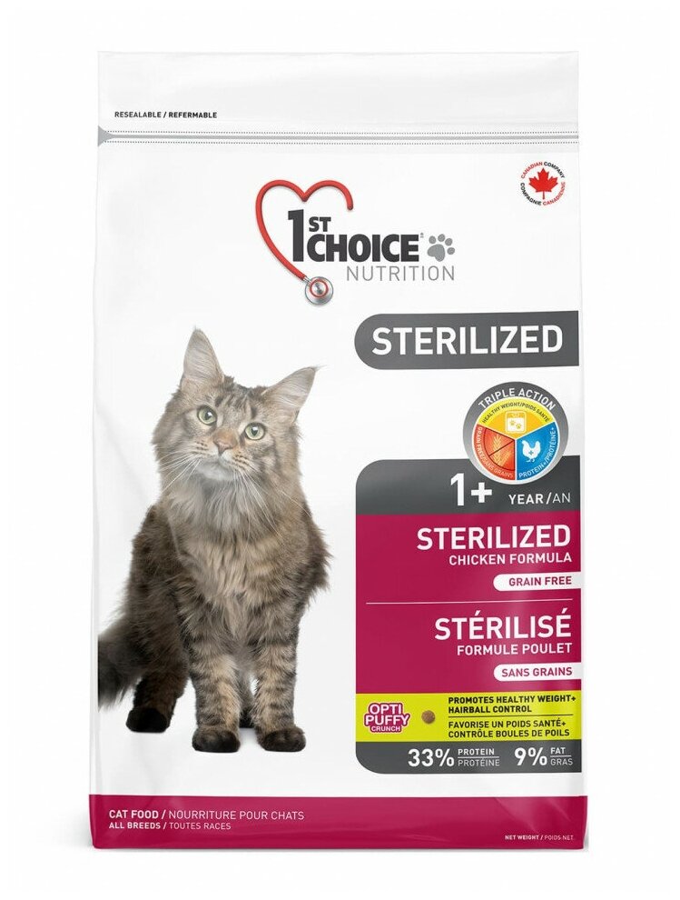 Корм 1st Choice Grain Free Sterilized для стерилизованных кошек, курица с бататом, 2.4 кг