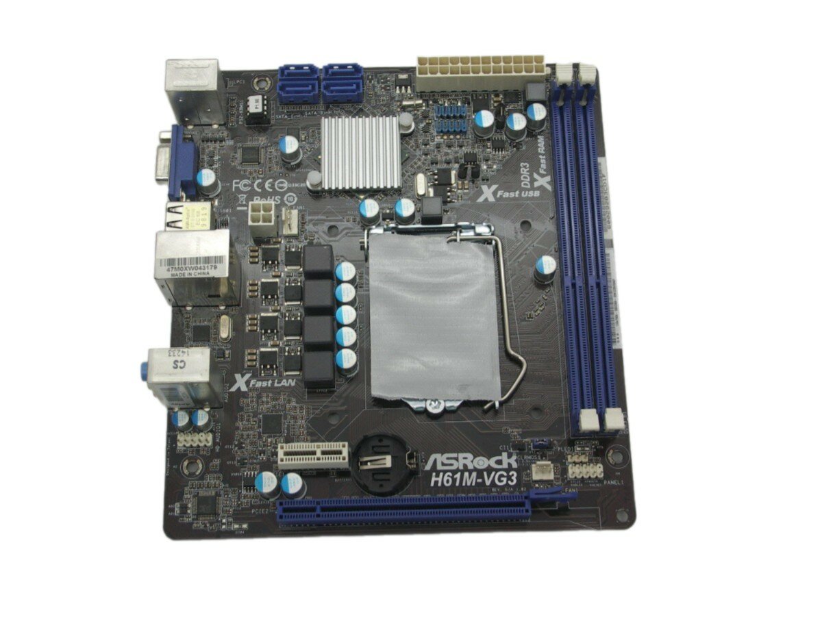 Материнская плата S-1155 AsRock H61M-VG3 Rev:1.02 (H61/2DDR3/SATA/Lan/VGA/Sb/mITX) (без планки)