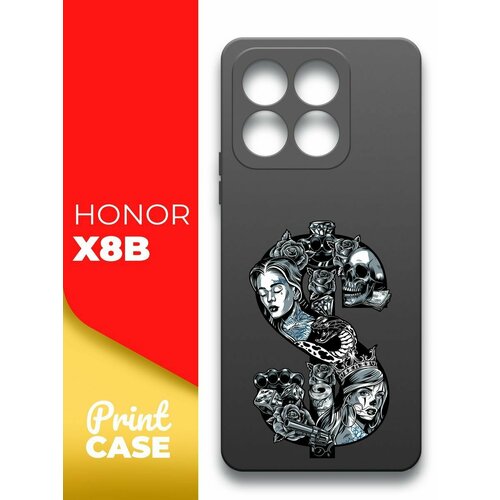 Чехол на Honor X8b (Хонор Х8б) черный матовый силиконовый с защитой (бортиком) вокруг камер, Miuko (принт) Доллар тату чехол на honor x8b хонор х8б черный матовый силиконовый с защитой бортиком вокруг камер brozo принт медведь шапка