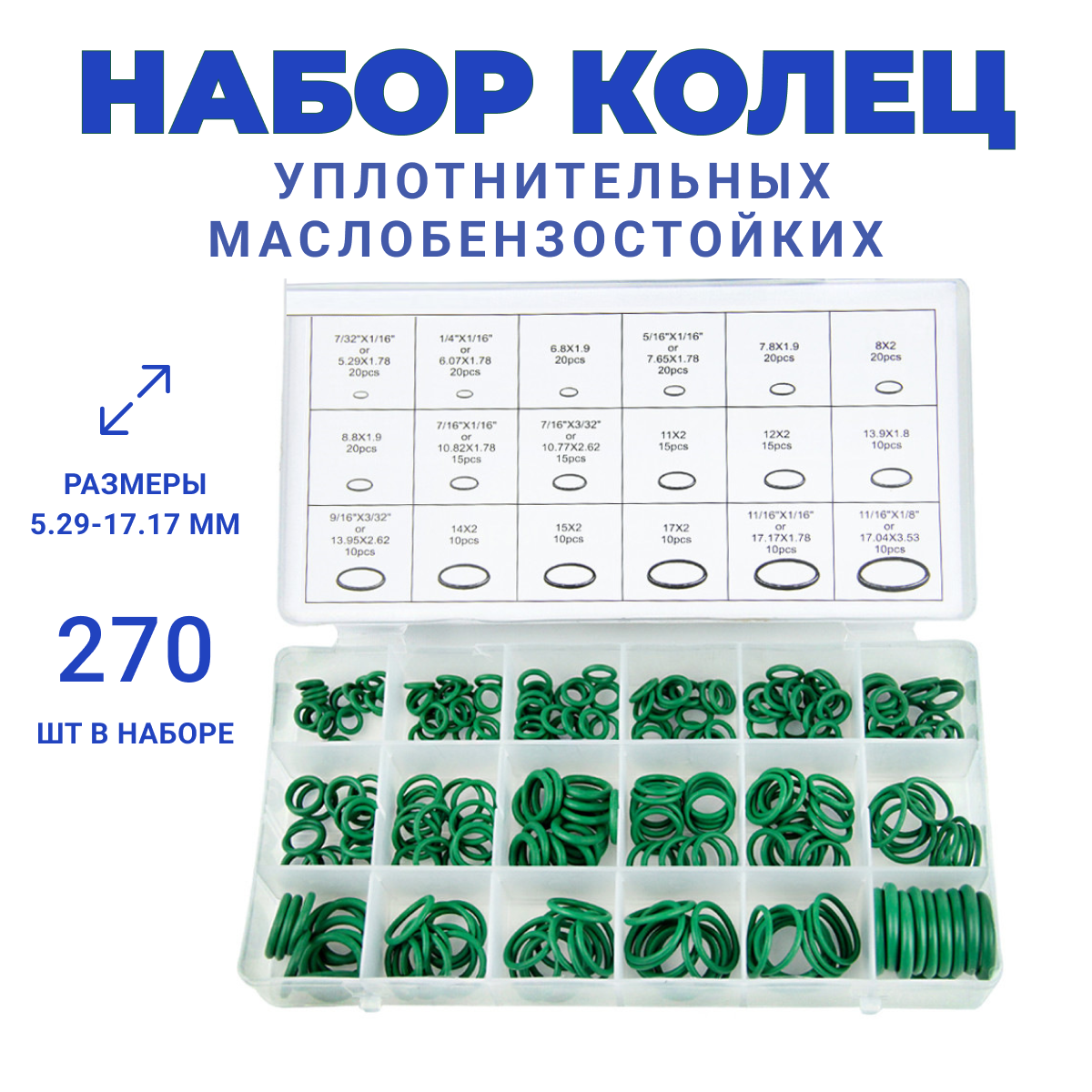 Набор резиновых уплотнительных колец маслобензостойкие 270шт, резиновые кольца набор 5.29 мм - 17.17 мм, зеленые