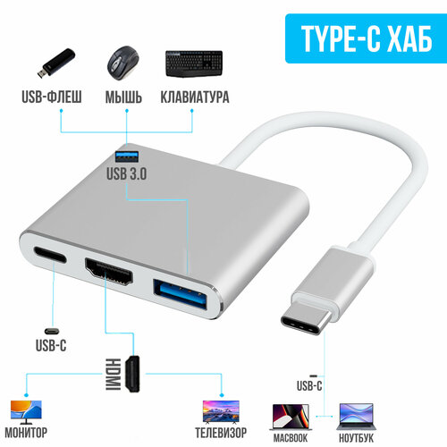 Type-C hub для Macbook, адаптер GSMIN Cray 3 в 1 (USB 3.1 Type-C, USB 3.0, HDMI), Серебристый