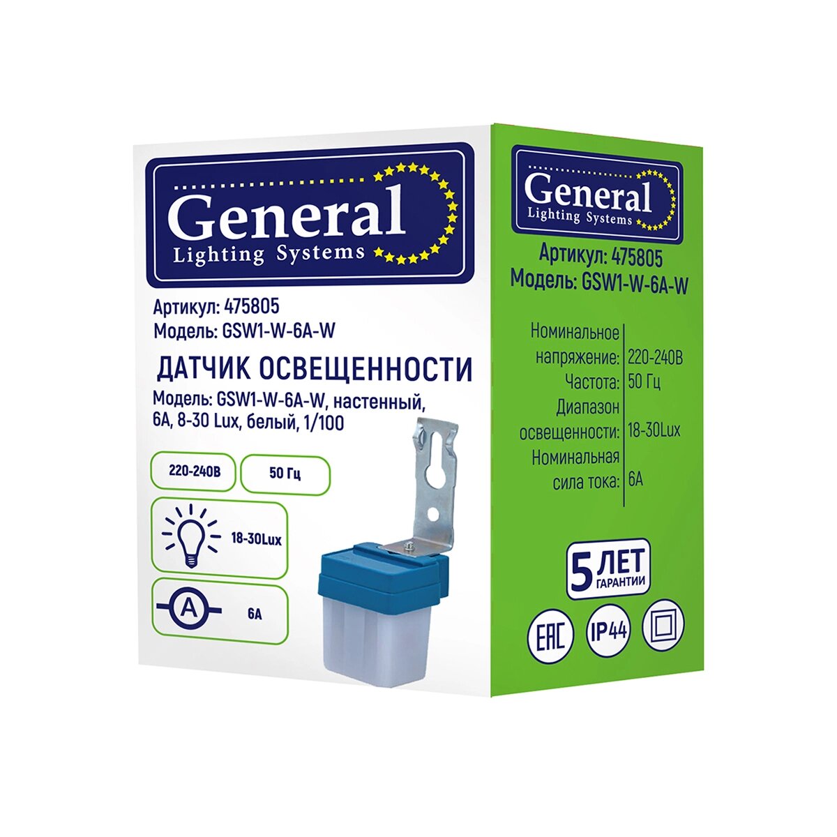 Фотореле General GSW1 6A, накладной, белый, степень защиты IP44
