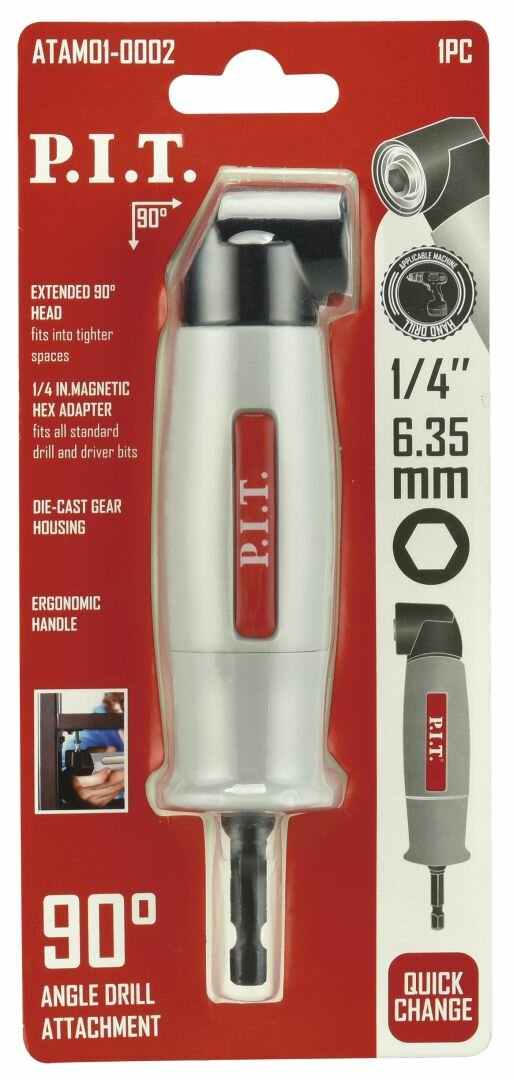Адаптер угловой для бит P.I.T. 90°, 1/4" (6,35мм) магнитный, хвостовик HEX 1/4" (ATAM01-0002)