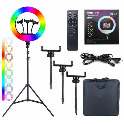 Кольцевая лампа 36 см RGB штатив 2 м пульт 3 держателя для телефона Селфи кольцо LED Soft Ring Light RL-14 RGB 3837₽