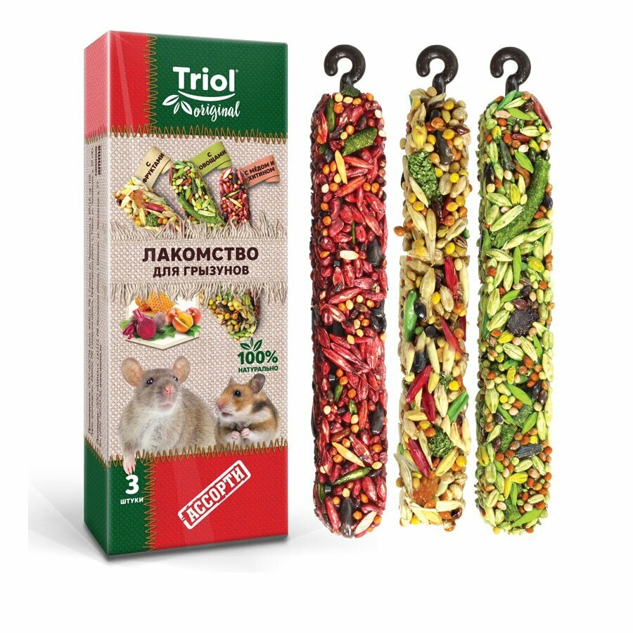 Лакомство Triol ORIGINAL палочки ассорти (с фруктами, с овощами, с мёдом и хитином) для грызунов (75 гр)
