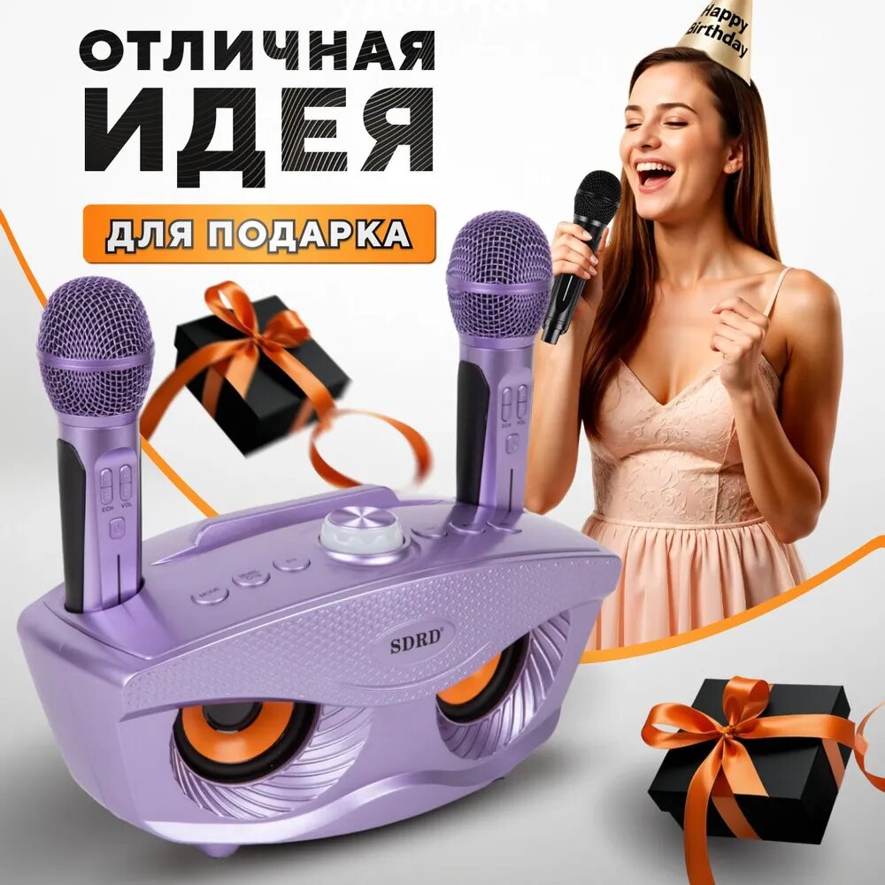 Караоке система с двумя беспроводными микрофонами блютуз SD-306s фиолетовый