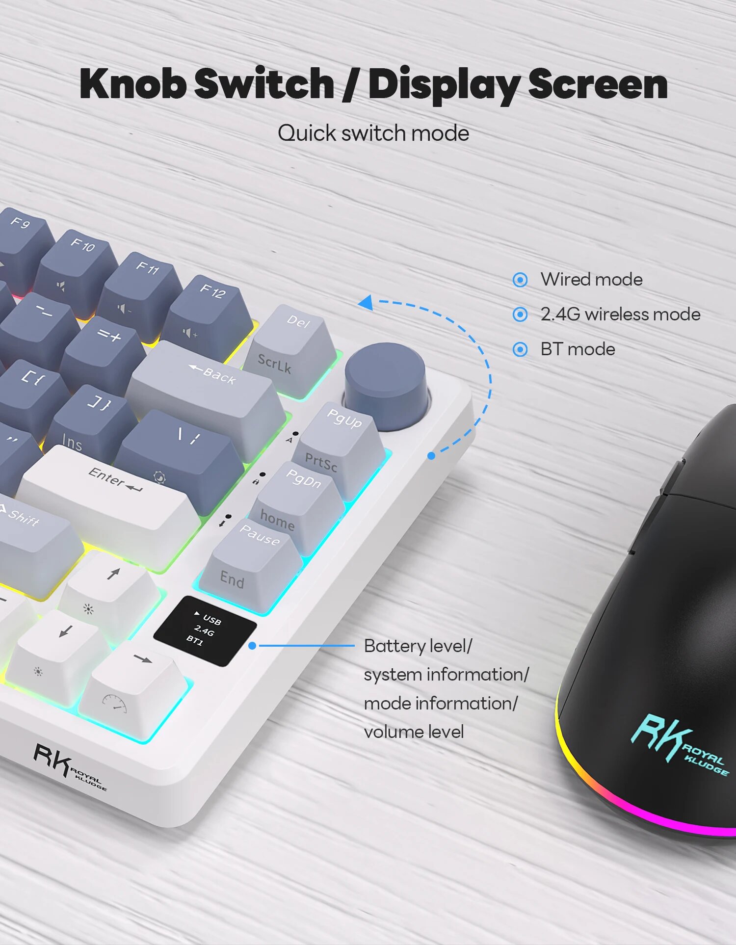 Клавиатура Royal Kludge RK-M75 Taro milk (USB/2.4 GHz/Bluetоoth, RGB, Hot Swap, Brown switch) — фото 1