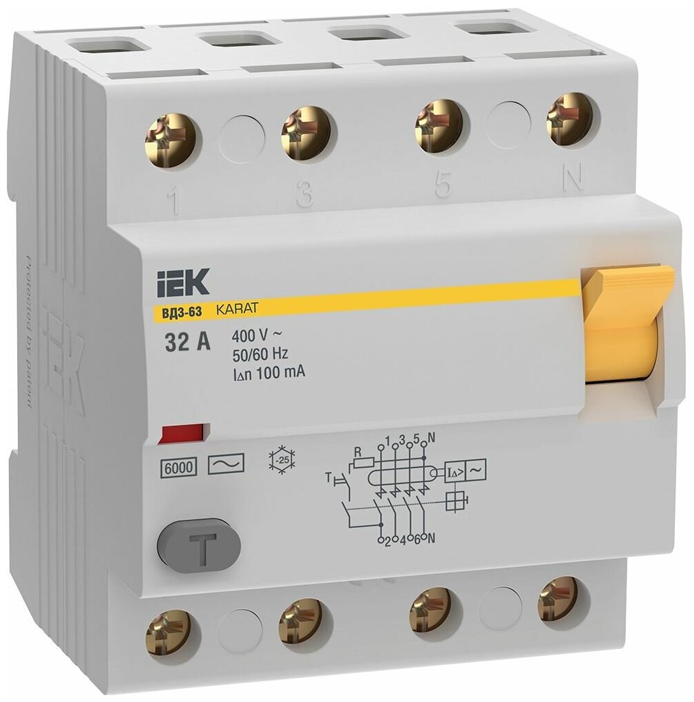 Выключатель дифференциальный (УЗО) KARAT ВД3-63 4P 32А 100мА 6кА тип AC | код. MDV20-4-032-100 | IEK ( 1шт. )