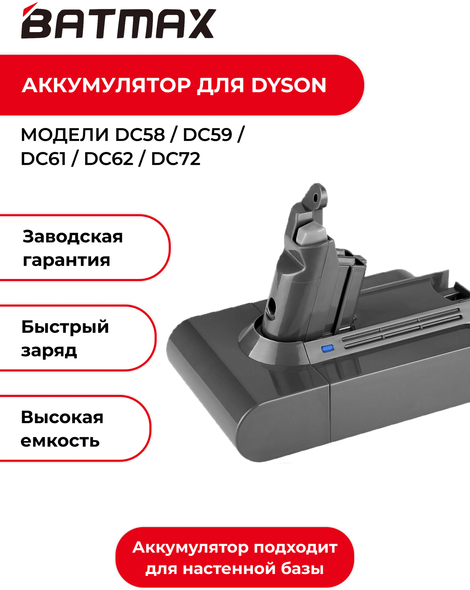 Аккумуляторная батарея BATMAX 4000mAh (с аккумуляторами Sony) для пылесосов Dyson V6 DC58 DC59.