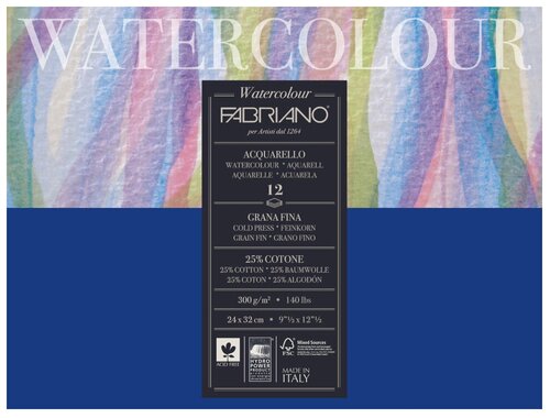 Альбом для акварели Fabriano Watercolour  32 х 24 см (24х32 см), 300 г/м², 12 л. белый