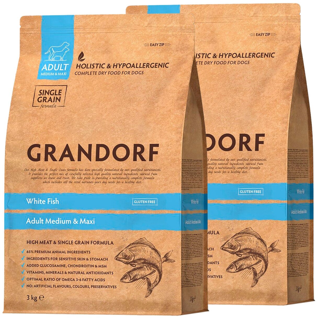 GRANDORF SINGLE GRAIN DOG ADULT MEDIUM & MAXI WHITE FISH низкозерновой для взрослых собак средних и крупных пород с белой рыбой (3 + 3 кг)