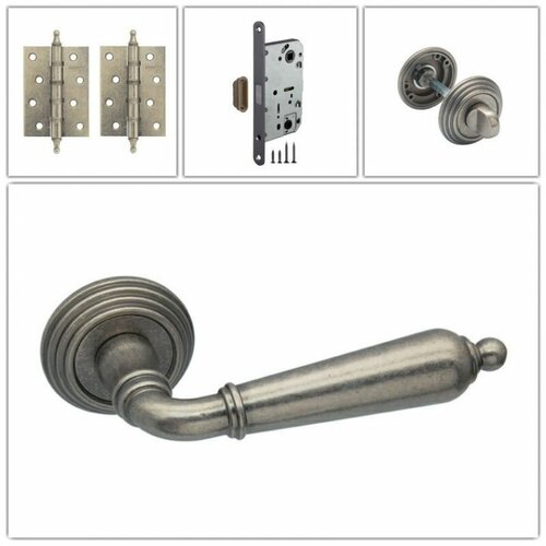 Комплект ручек для дверей Adden Bau POMOLO_V203_AGED_SILVER_MAGWC_CL, состаренное серебро (ручка+завертка WC+магнитный замок + 2 универсальные петли)