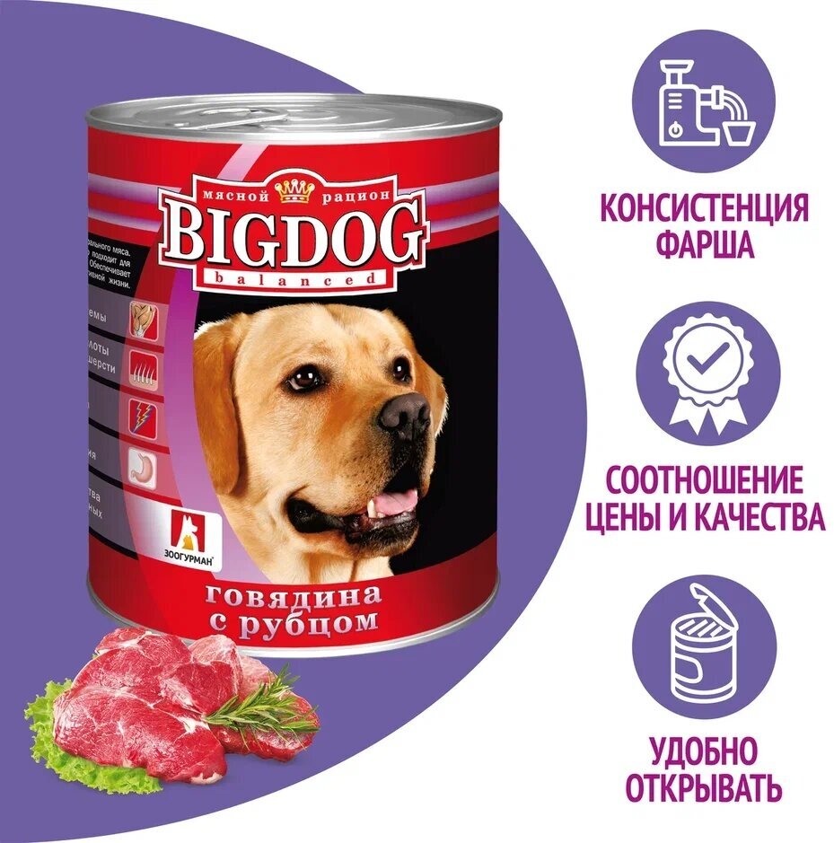 Корм для собак "BIG DOG" Говядина с рубцом 850г Зоогурман - фото №3