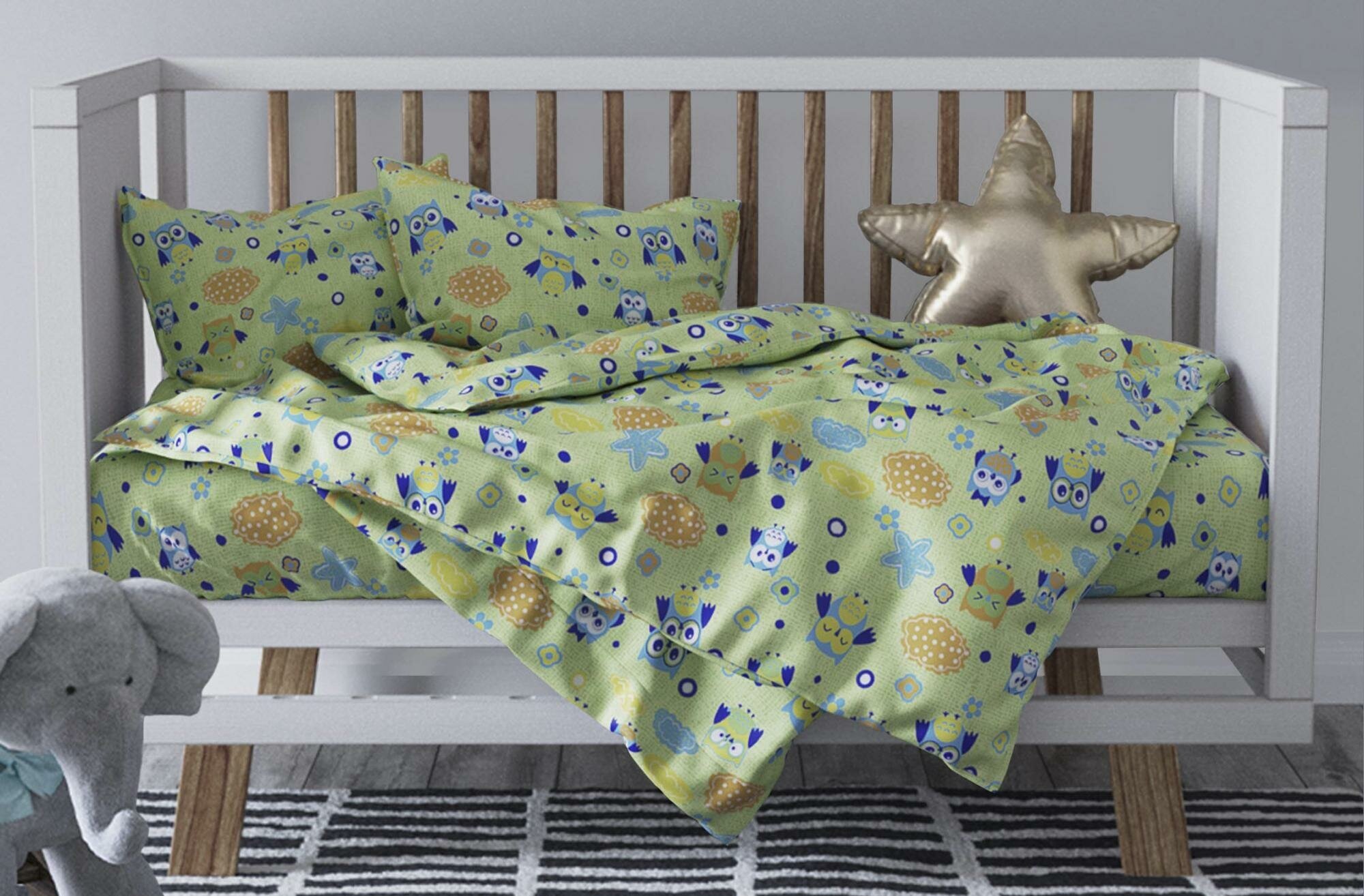 фото Детское постельное белье бязь совушки вид 3 фисташковый Ясли (в детскую кроватку)