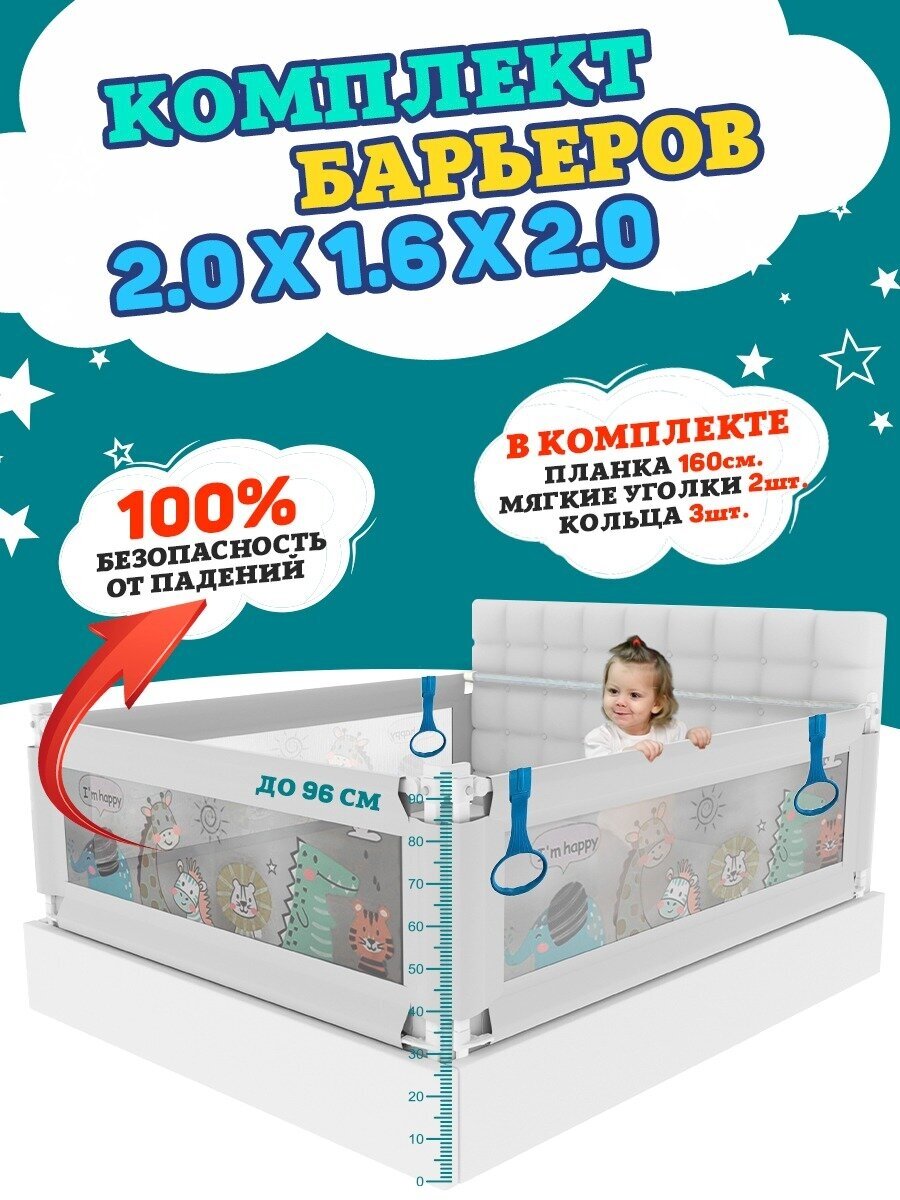 Комплект безопасности Floopsi Animals на кровать 2.0х1.6х2.0м.: барьер на кровать 3шт., накладки в углы 2шт, соединительная планка 160см, кольца 3шт.