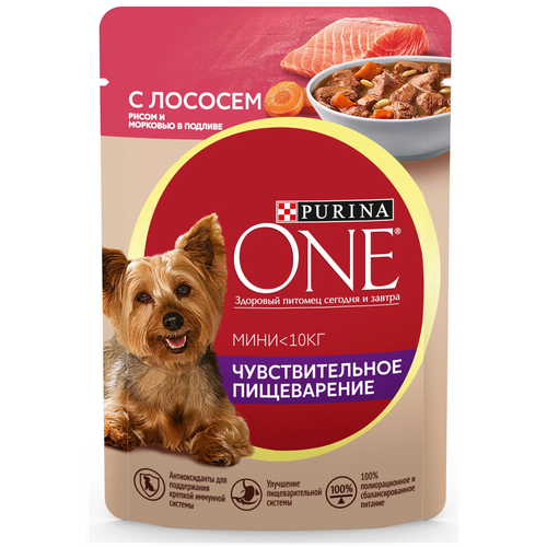 Влажный корм для собак Purina ONE Мини Чувствительное пищеварение для мелких пород с лососем, рисом и морковью в подливе 85 г x 26 шт