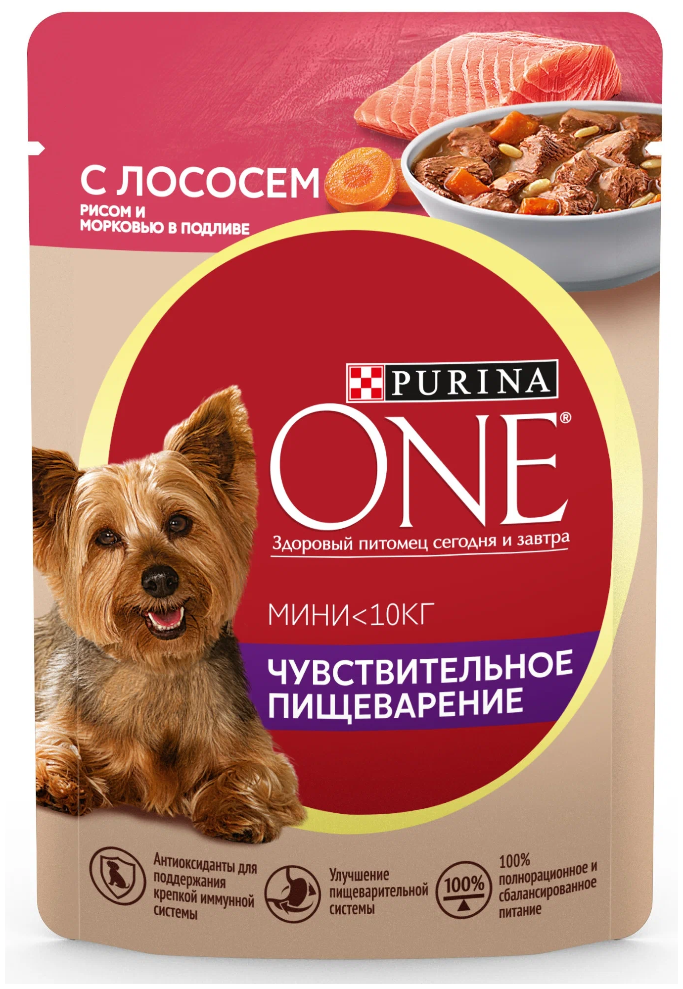 Влажный корм для собак Purina ONE Мини Чувствительная при чувствительном пищеварении лосось с рисом с морковью (для мелких и карликовых пород)