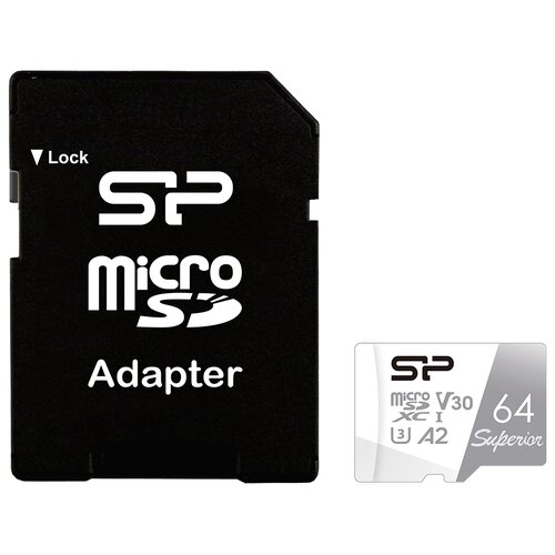 superior da2 microsdxc uhs i class 10 64gb с адаптером Карта памяти Silicon Power microSDXC 64 ГБ Class 10, V30, A2, UHS Class 3, R/W 100/80 МБ/с, адаптер на SD, 1 шт., белый