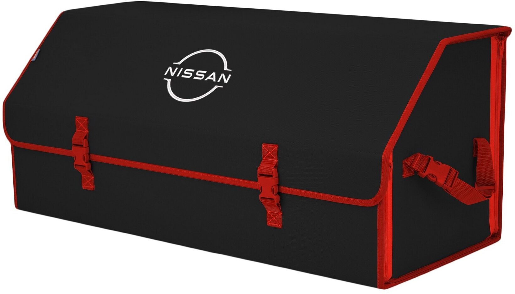 Органайзер-саквояж в багажник "Союз" (размер XXL). Цвет: черный с красной окантовкой и вышивкой Nissan (Ниссан).