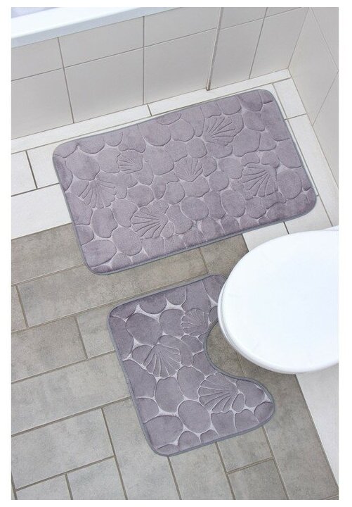 Набор ковриков для ванной и туалета Доляна «Галька, ракушки», 2 шт, 40×50 см, 50×80 см, цвет серый