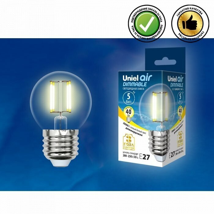 Лампа светодиодная Uniel Air dimmable GLA01TR UL-00002868, E27, G45, 5 Вт, 3000 К - фотография № 4