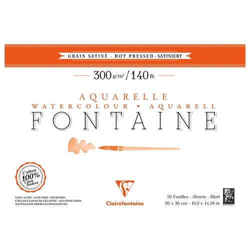 Альбом для акварели, 20л, 26*36, на склейке Clairefontaine "Fontaine Grain satiné", 300г/м2, горяч. пресс, сатин