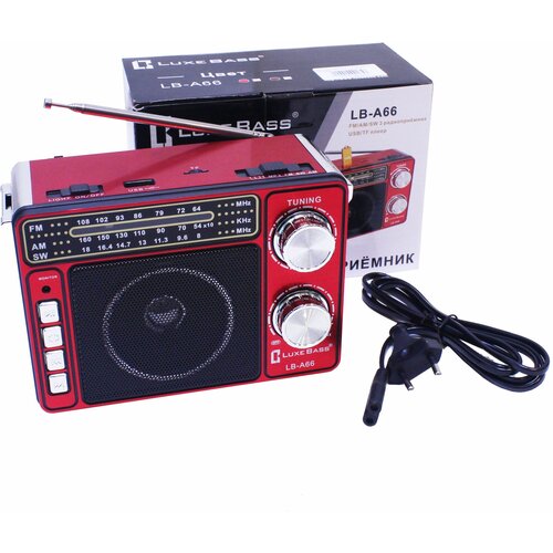 Аналоговый FM радиоприемник красного цвета с MP3-проигрывателем встроенным аккумулятором и фонариком - LuxeBass LB-A66FM 167700₽