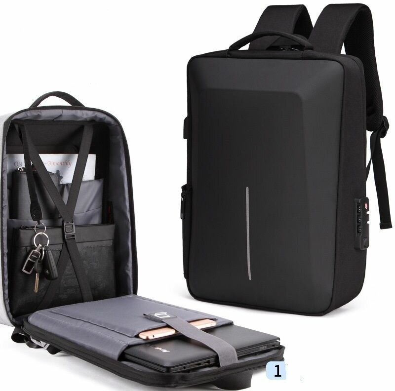 Бизнес-рюкзак мужской для ноутбука, гаджетов, документов и личных вещей со встроенный powerbank/ цвет черный