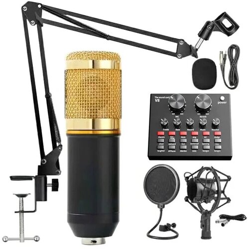 Конденсаторный студийный микрофон BM 800 со звуковой картой V8 черный /золотой