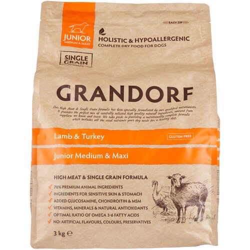 Гипоаллергенный низкозерновой сухой корм Grandorf для юниоров от 4 месяцев, беременных и кормящих собак всех пород Ягнёнок с индейкой, 3 кг