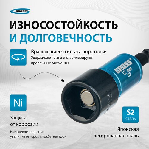 головка gross 11617 торцевая магнит nut driver 8мм s2 Набор бит Gross 11627, 4 предм., черный