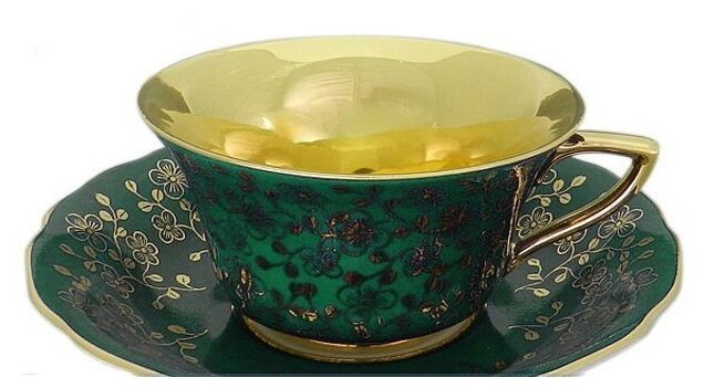 Чашка с блюдцем Виндзор Золотые цветы, малахит (150 мл), Leander