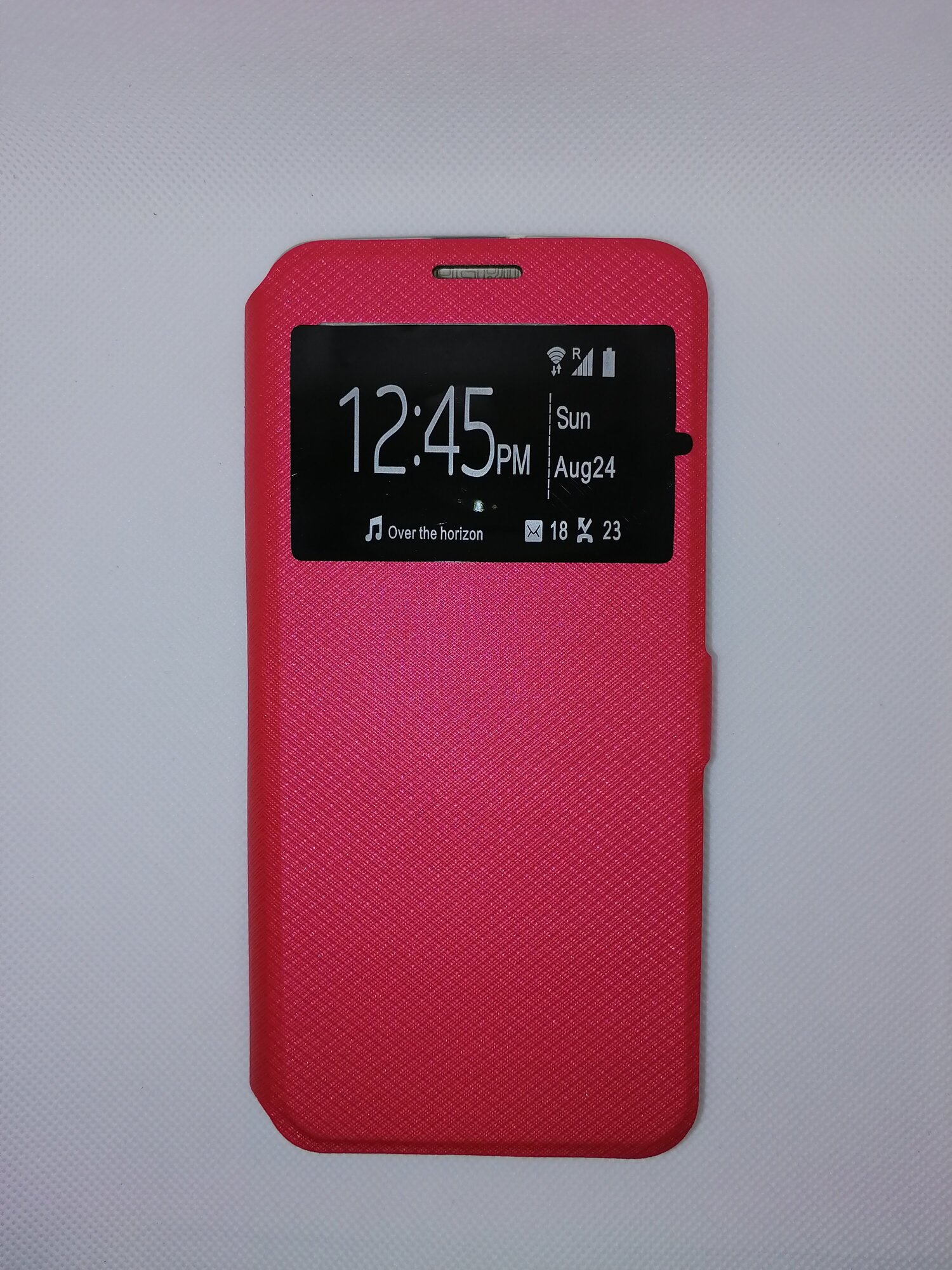 Чехол-книжка для смартфона Samsung Galaxy J6+ (2018) красного цвета с окошком, магнитной застежкой и подставкой.