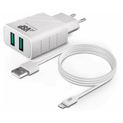 Сетевое зарядное устройство BORASCO 37265, 2xUSB, 8-pin Lightning (Apple), 2.4A, белый сетевое зарядное устройство hama h 183265 2 4a для apple кабель apple lightning белый 00183265