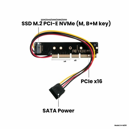 Адаптер-переходник (плата расширения) для SSD M.2 2230-22110 PCI-E NVMe (M, B+M key) в слот PCI-E 3.0/4.0 х4/x8/x16 со съемным питанием SATA, черный адаптер переходник 2шт плата расширения для установки ssd m 2 2230 2280 pci e nvme m b m key в слот pci e 3 0 4 0 x4 x8 x16 черный nhfk n m201 ver 3 0