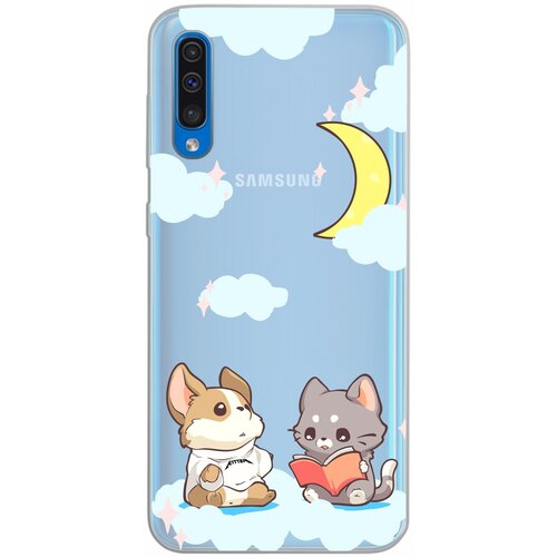 Силиконовый чехол Mcover для Samsung Galaxy A50 с рисунком Кот и собака при луне силиконовый чехол mcover на samsung galaxy m30s galaxy m21 с рисунком кот и собака при луне
