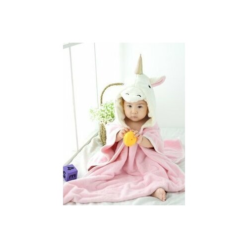 Полотенце пончо детское с капюшоном, розовое, Микрофибра, Единорог / Детское полотенце накидка