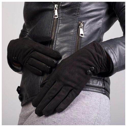 фото Перчатки жен, р-р 8, 24*1,5*9, замша/кожа, подклад иск мех, отд стяжка 2пуг, черный 4312814 сима-ленд