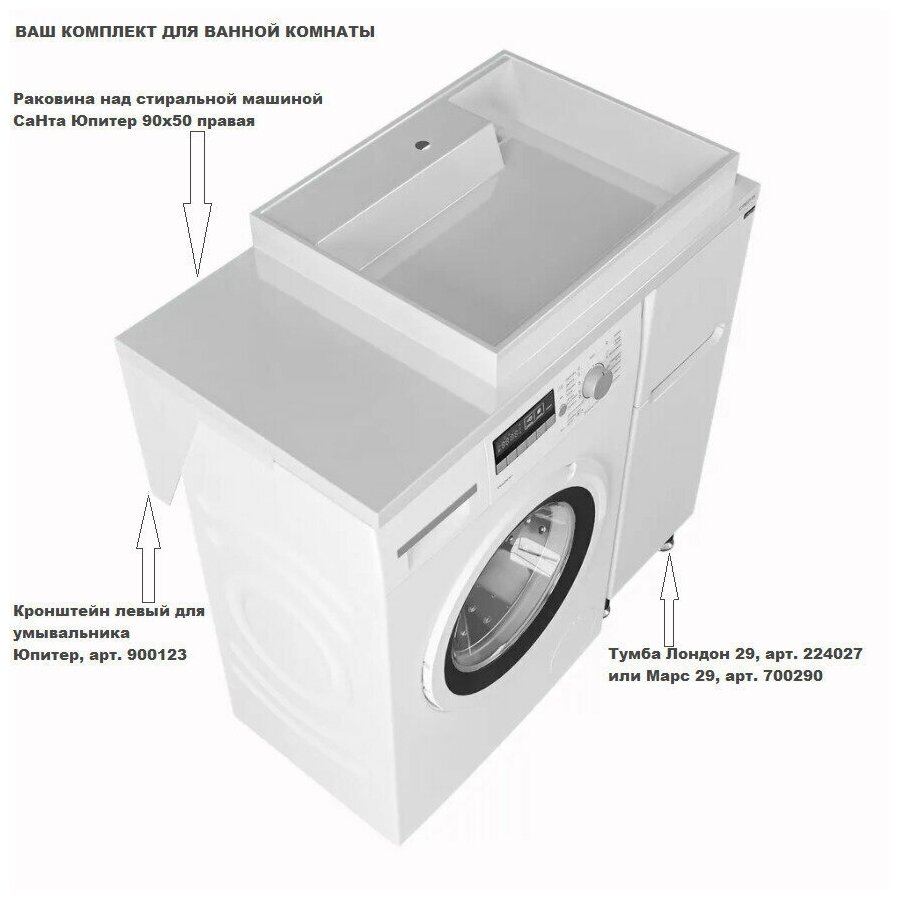 Раковина над стиральной машиной "Юпитер 90*50" правая без кронштейнов в усиленной упаковке 900129W - фотография № 9