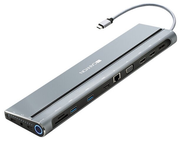 Концентратор USB Type-C Canyon CNS-HDS09B 2 х USB 3.0 USB Type-C 1 х USB 2.0 HDMI Power Delivery SD/SDHC VGA 1 Ethernet DisplayPort серый