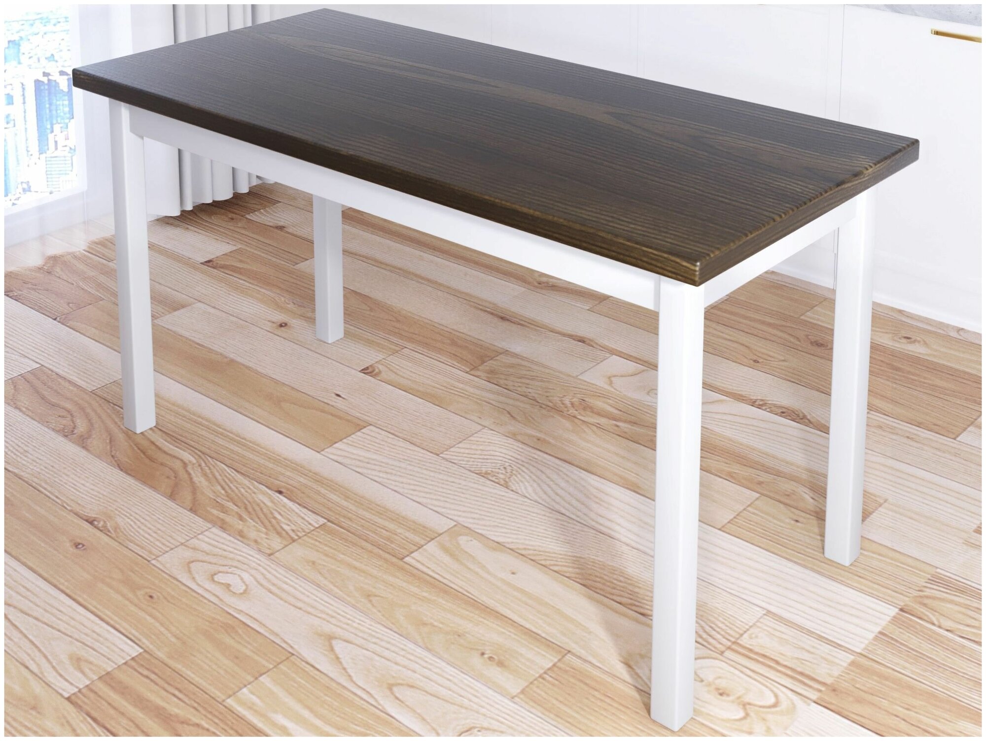 Стол кухонный Классика из массива сосны, столешница цвета темного дуба 40 мм и белые ножки, 130х60х75 см